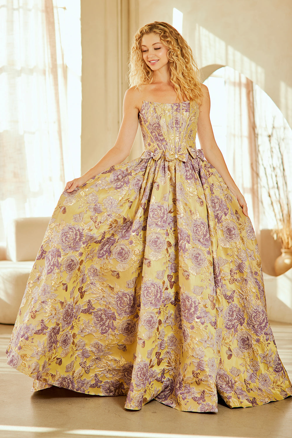Strapless Floral Jacquard A-Line Gown with Corset Back and Bow Waist Detail by Amelia Couture 8068