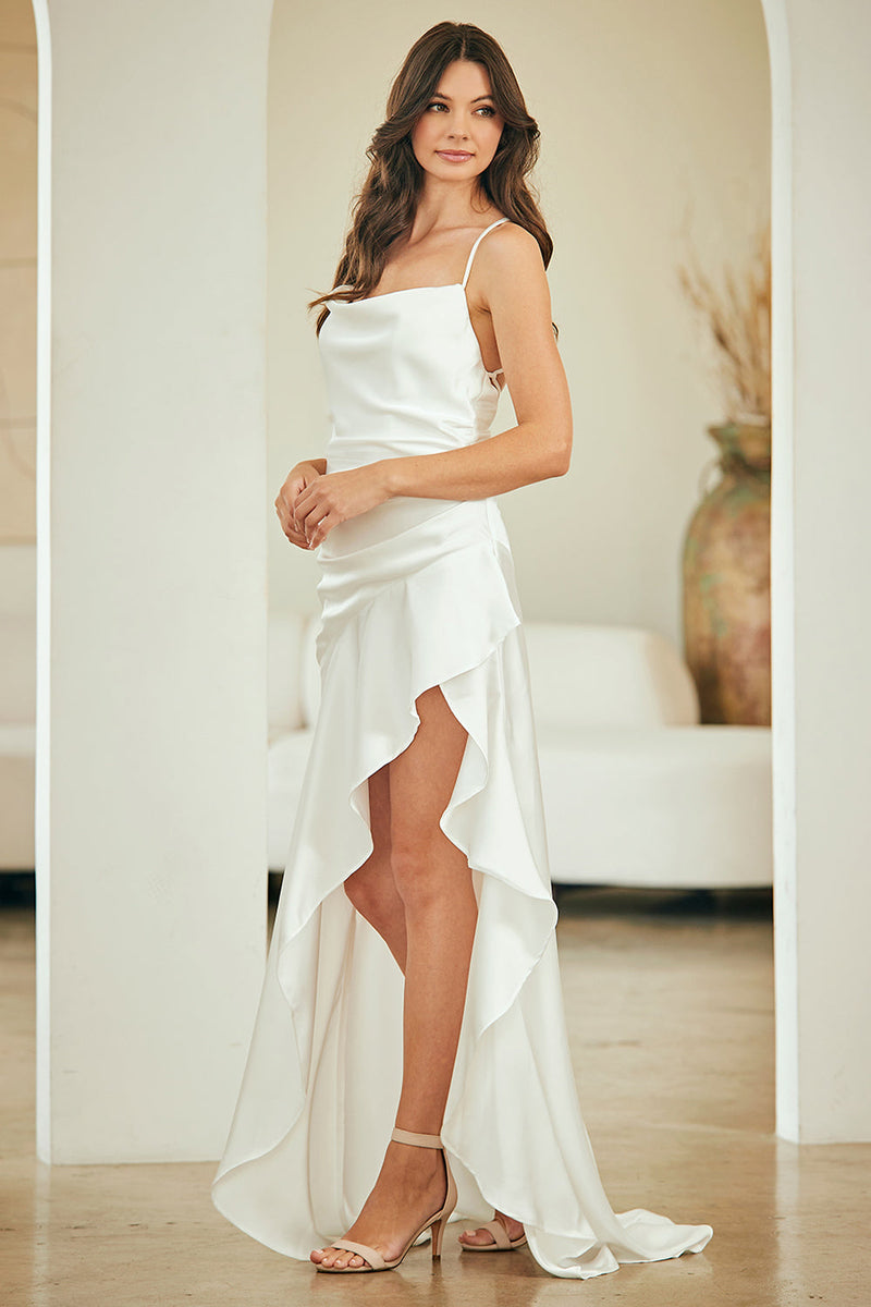 Satin High-Low Ruffle Hem Maxi Dress with Spaghetti Straps Elegant Dress by Amelia Couture 6131