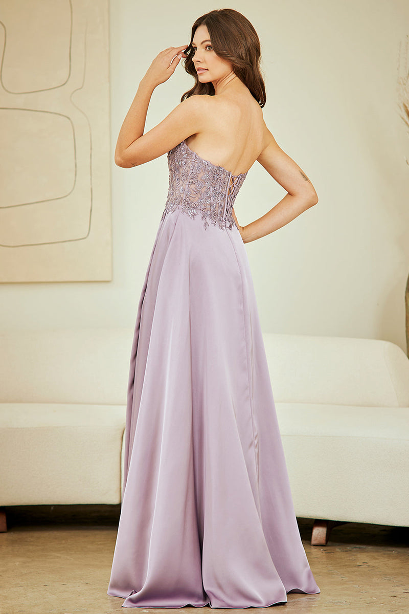 Strapless Satin A-Line Prom Dress with Lace Appliqué Bodice & High Slit Gown by Amelia Couture 6204