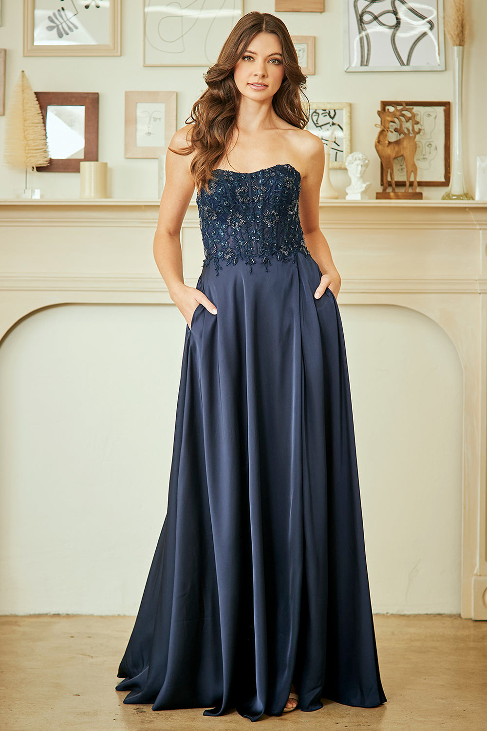 Strapless Satin A-Line Prom Dress with Lace Appliqué Bodice & High Slit Gown by Amelia Couture 6204