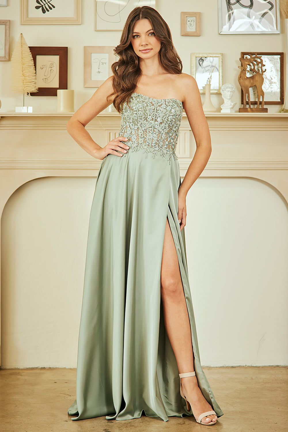 Strapless Satin A-Line Prom Dress with Lace Appliqué Bodice & High Slit Gown by Amelia Couture 6204
