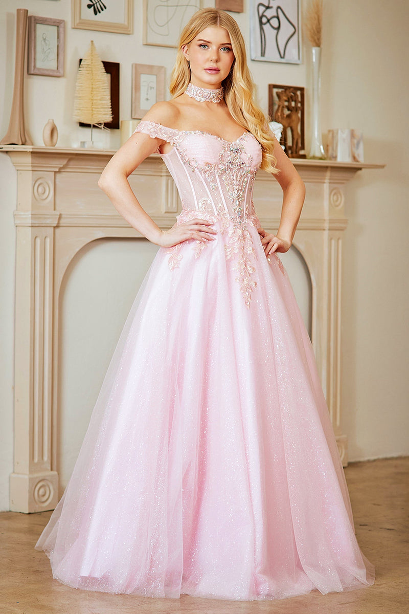 Off Shoulder A-Line Gown with Corset Bodice Glitter Tulle Skirt by Amelia Couture 8064