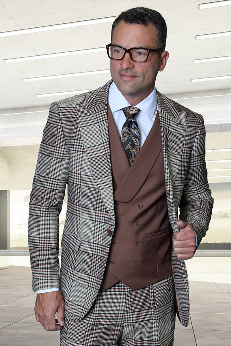 Men's designer suit: Italian wool, brown houndstooth plaid. One-button peak lapel jacket & double-breasted vest. Brown, cream, black accents. Structured shoulders, tailored fit. Textured plaid pattern.
