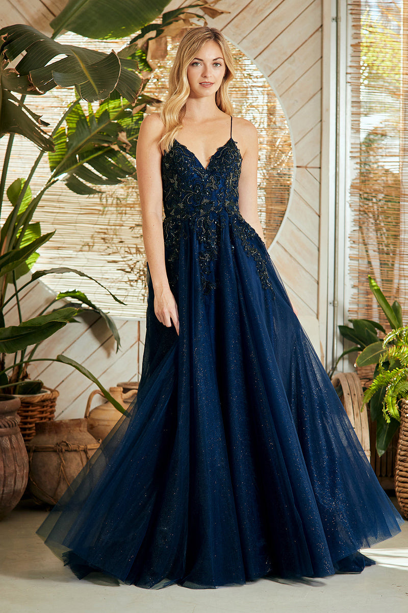 Lace Appliqué Spaghetti Strap A-Line Prom Dress with V-Neck & Open Back Amelia Couture 9079