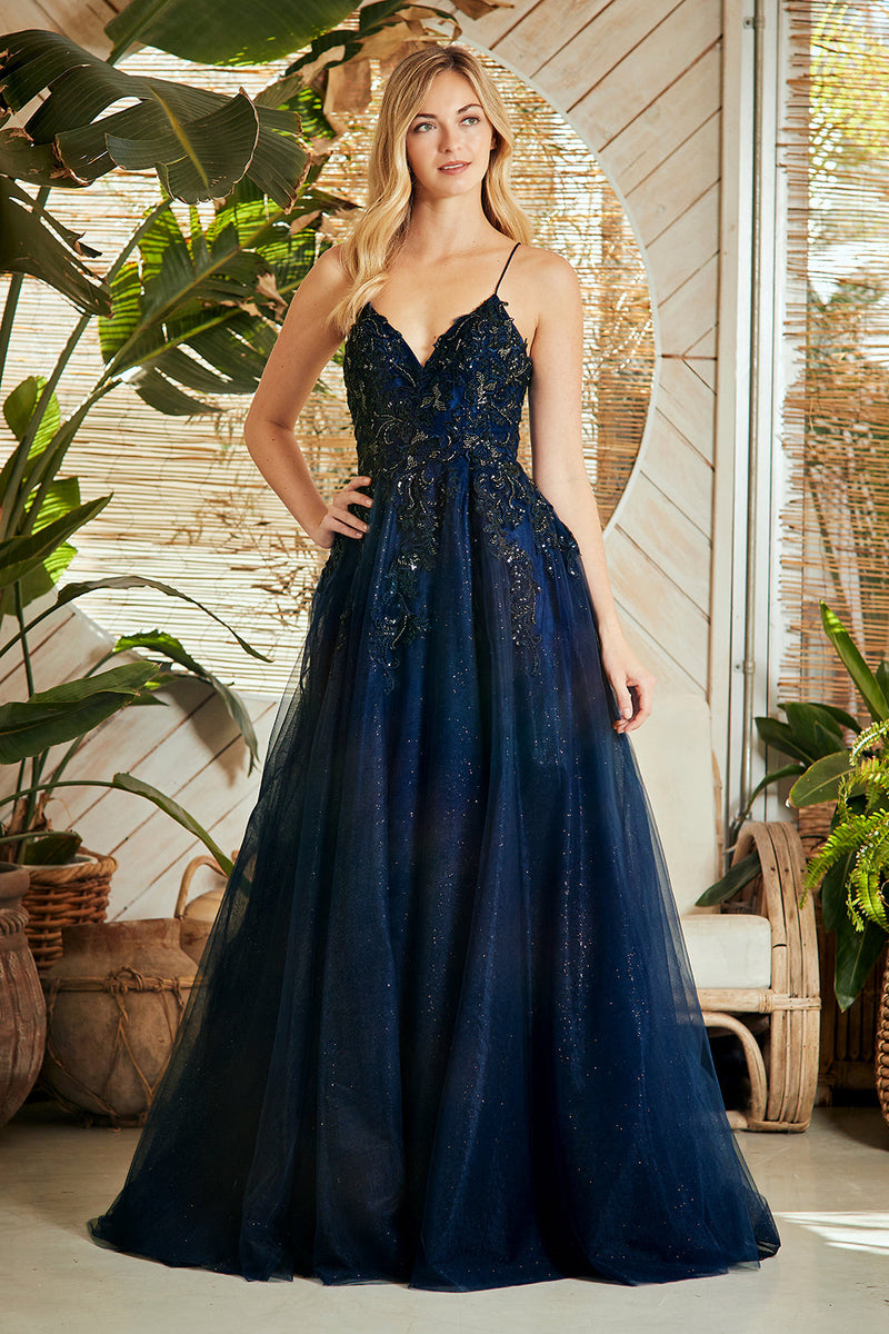 Lace Appliqué Spaghetti Strap A-Line Prom Dress with V-Neck & Open Back Amelia Couture 9079