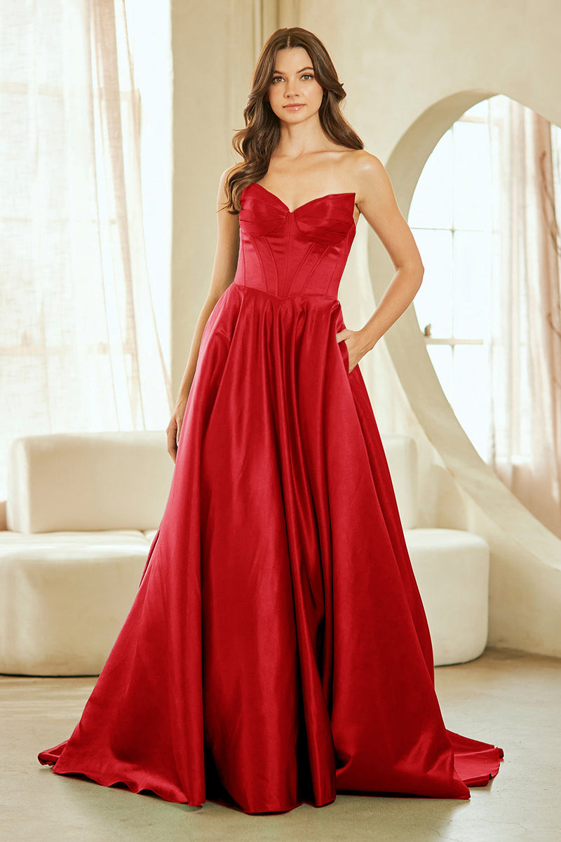 Strapless Satin Corset Bodice A-Line Prom Dress with Pockets & Lace-Up Back by Amelia Couture 5080