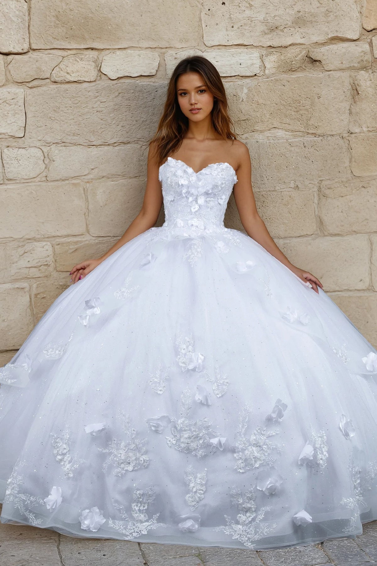 Juliet 1495HW 3D Floral Appliqué Glitter Tulle Strapless Wedding Ball Gown