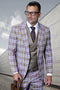 Men's taupe plaid suit with a one-button peak lapel. Features an Italian wool jacket, matching trousers, and a double-breasted taupe vest. Plaid includes taupe, purple, and green. Structured fit.
