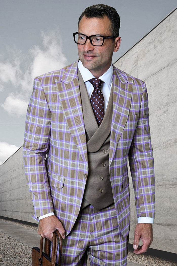 Men's taupe plaid suit with a one-button peak lapel. Features an Italian wool jacket, matching trousers, and a double-breasted taupe vest. Plaid includes taupe, purple, and green. Structured fit.
