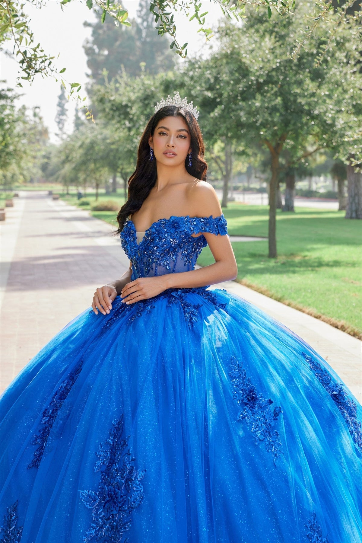 Juliet JT1505J Off Shoulder Applique Embroidered Glitter Tulle Quinceanera Dress