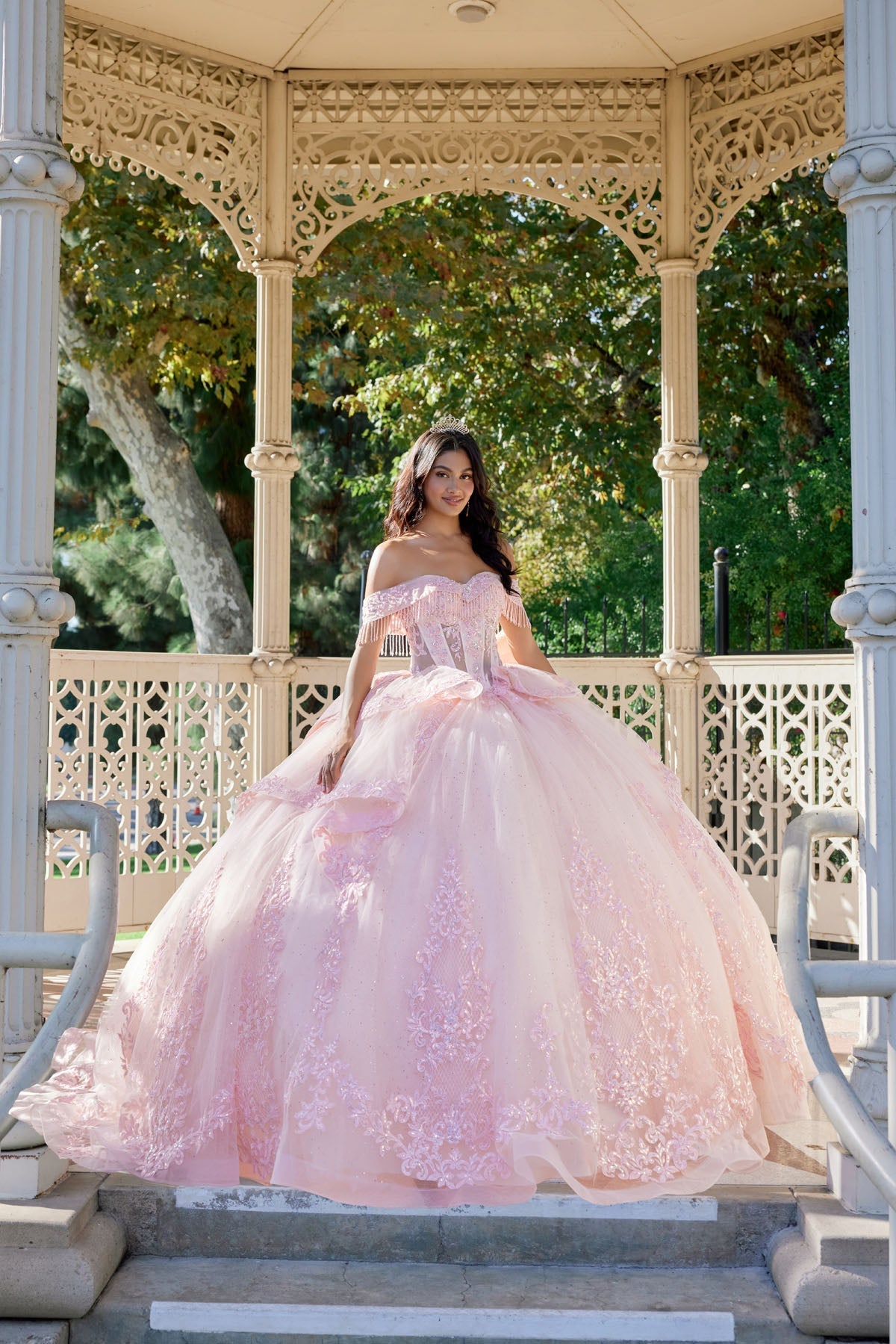Juliet JT1503J Off Shoulder Floral Lace Appliqué Glitter Tulle Quinceanera Dress