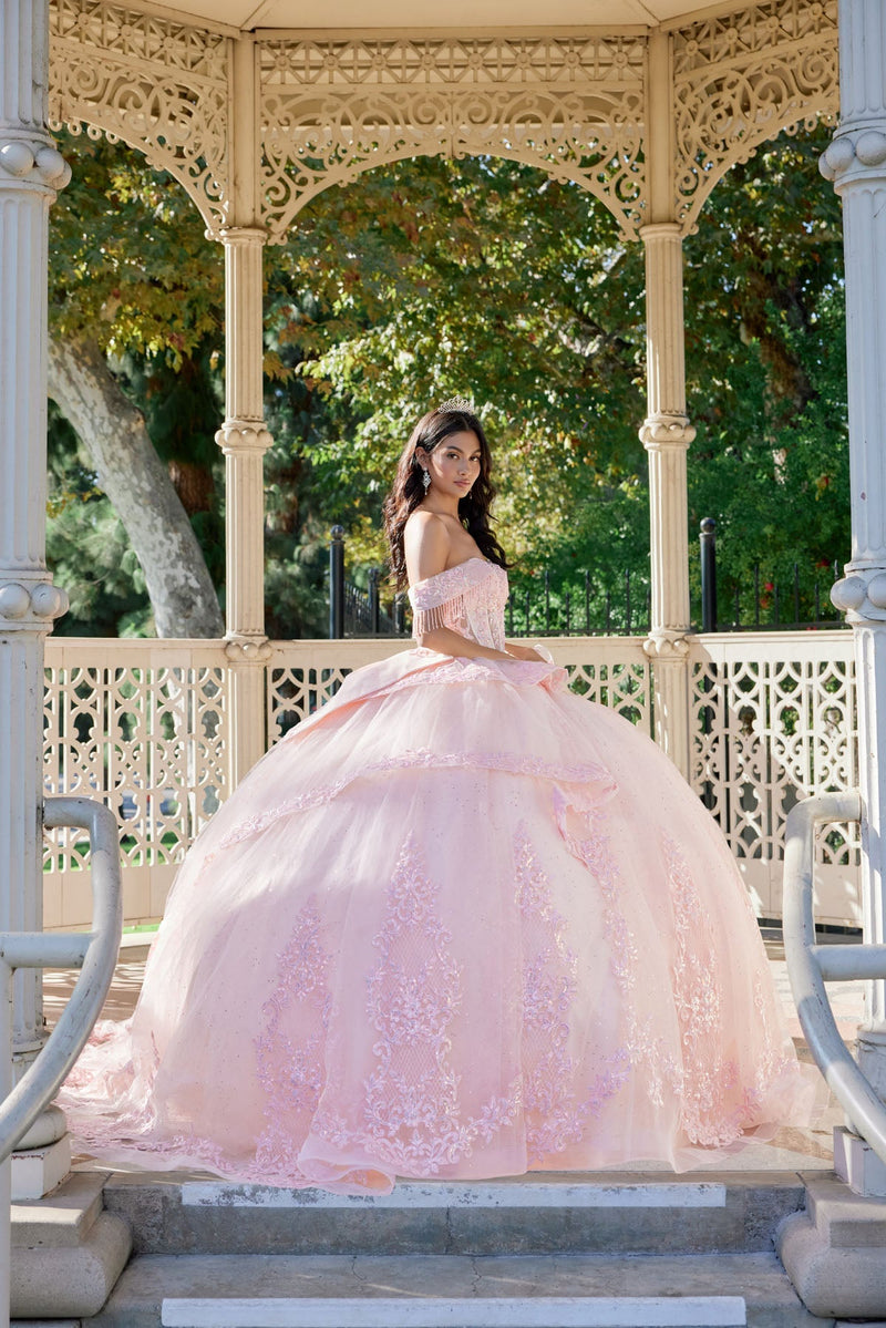 Juliet JT1503J Off Shoulder Floral Lace Appliqué Glitter Tulle Quinceanera Dress