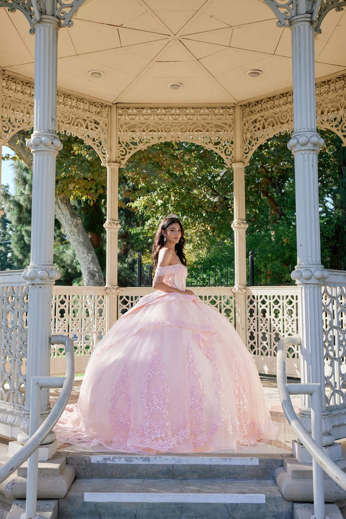 Juliet JT1503J Off Shoulder Floral Lace Appliqué Glitter Tulle Quinceanera Dress