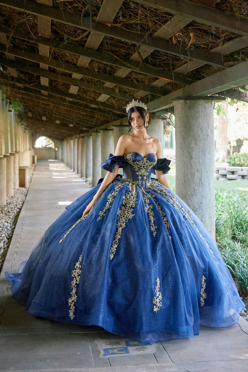 Juliet JT1504J Off Shoulder Applique A-Line Satin Quinceanera Dress