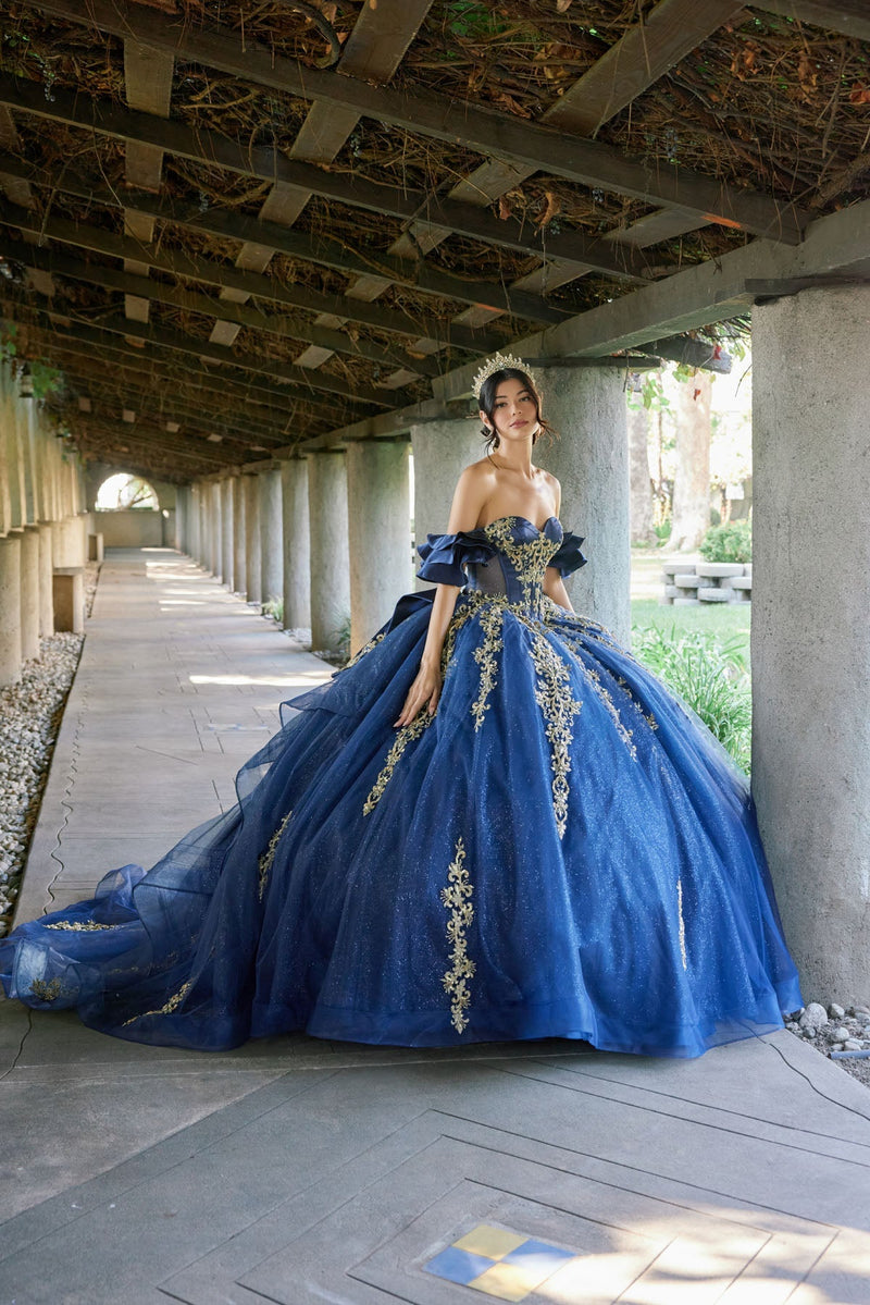 Juliet JT1504J Off Shoulder Applique A-Line Satin Quinceanera Dress
