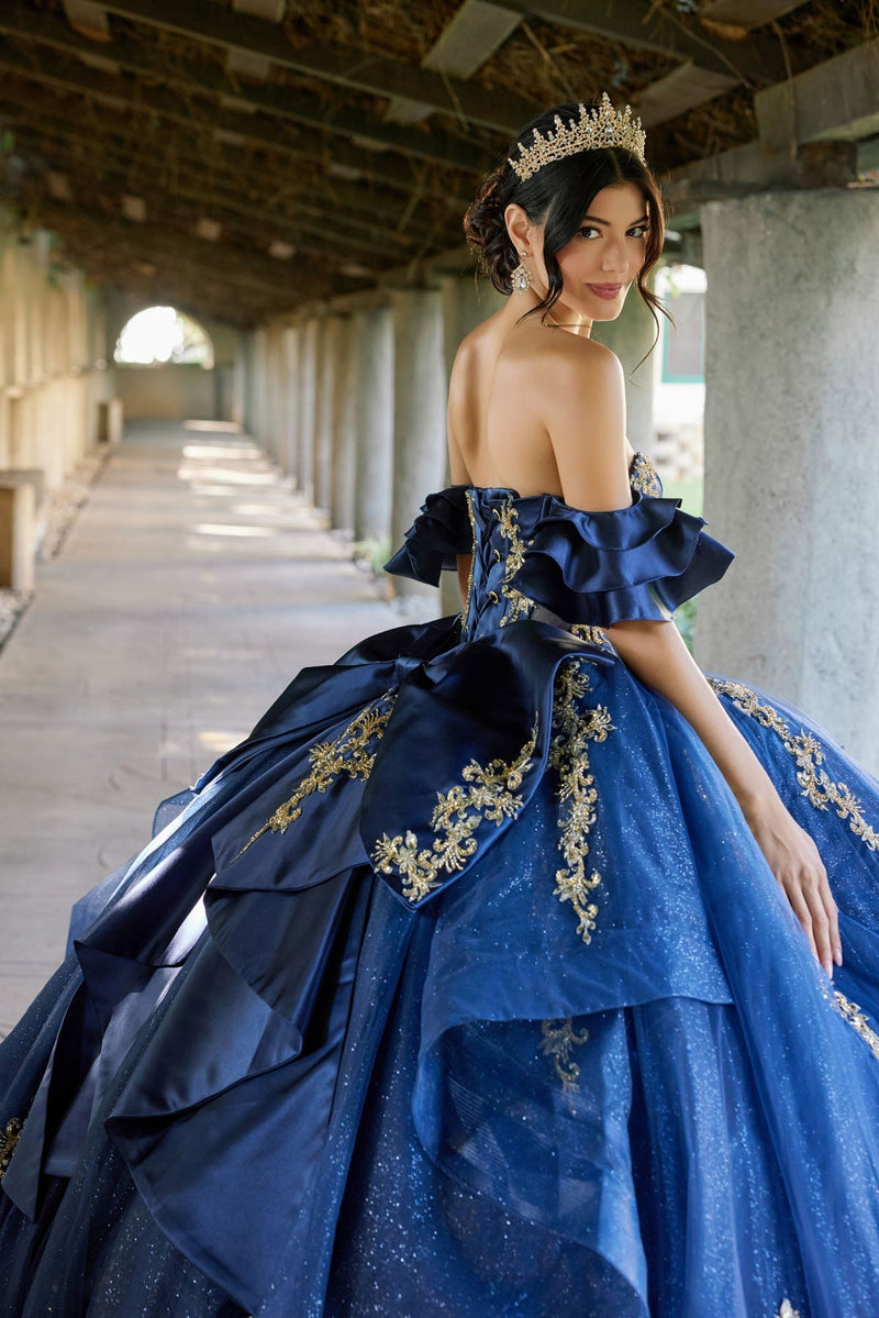 Juliet JT1504J Off Shoulder Applique A-Line Satin Quinceanera Dress