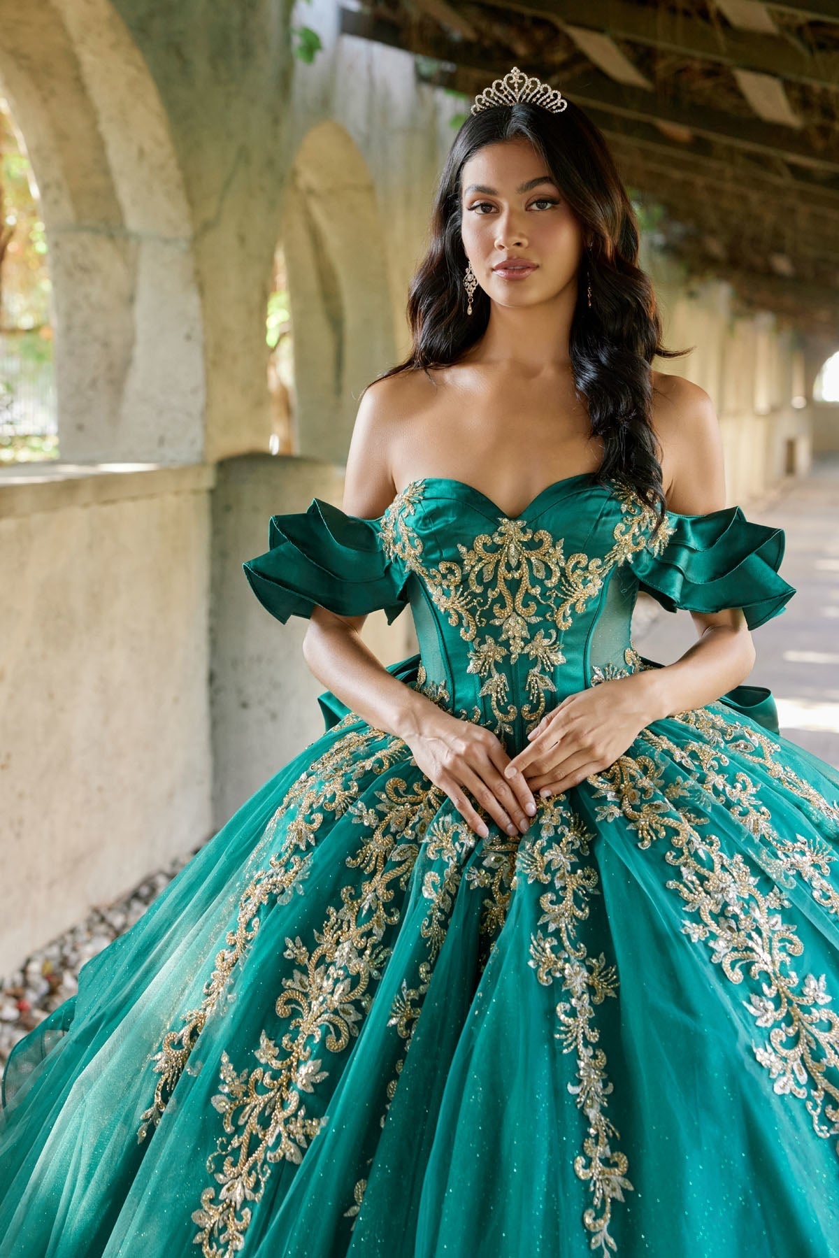 Juliet JT1504J Off Shoulder Applique A-Line Satin Quinceanera Dress