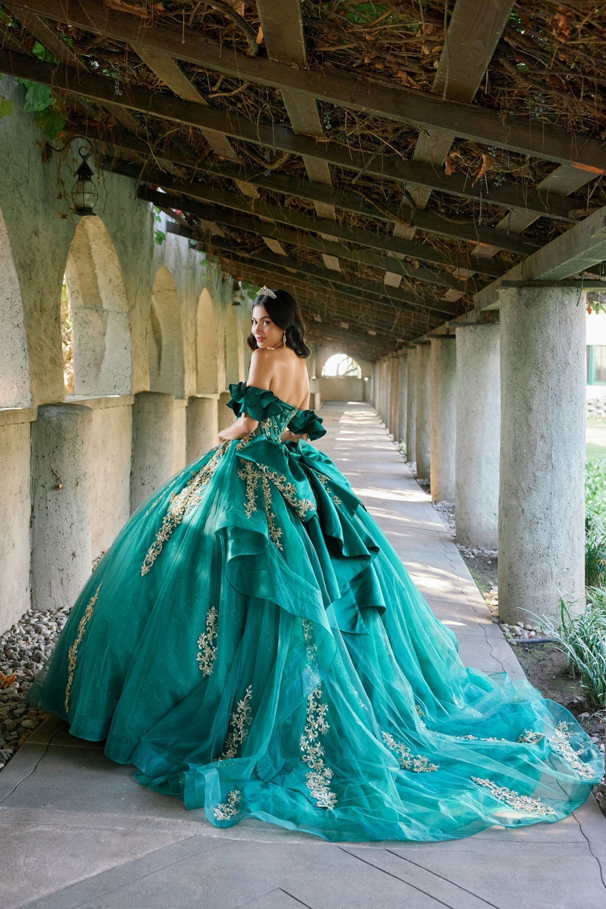 Juliet JT1504J Off Shoulder Applique A-Line Satin Quinceanera Dress