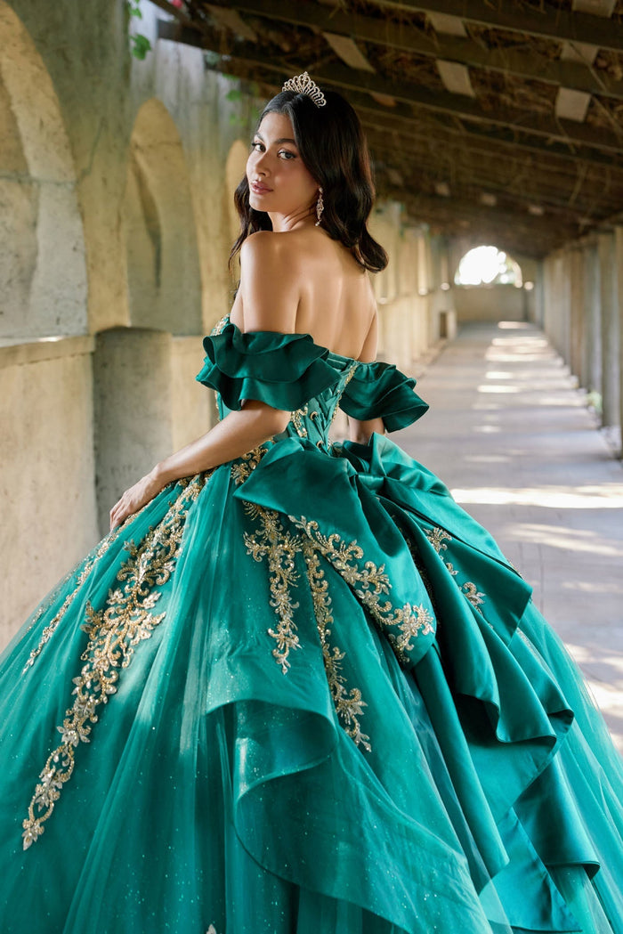 Juliet JT1504J Off Shoulder Applique A-Line Satin Quinceanera Dress