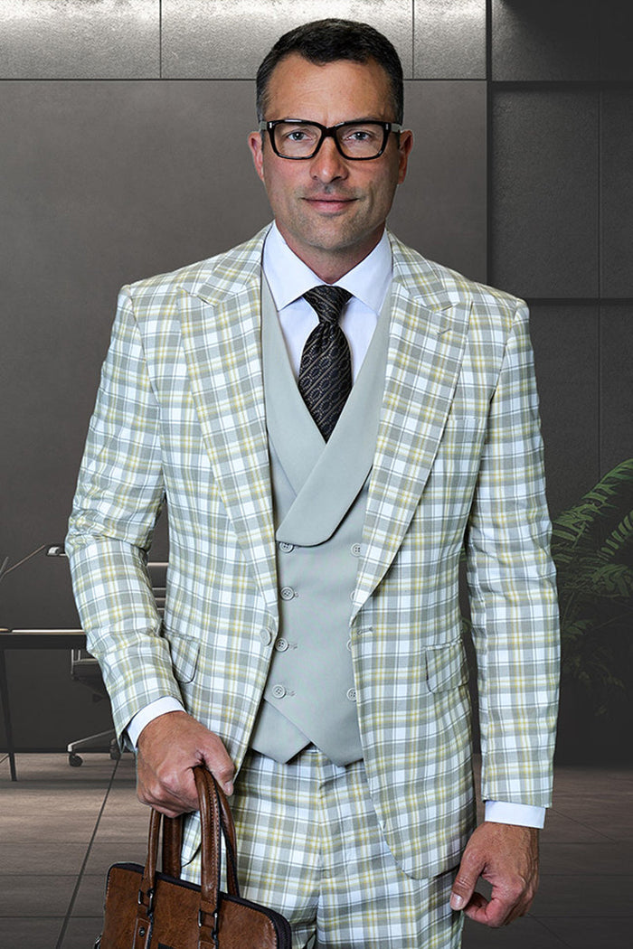 Men's designer suit: Tan plaid, Italian wool. One-button peak lapel blazer & double-breasted vest. Structured fit, tailored. Light tan base with beige, cream & green check. Vest matches suit.
