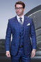 Men's indigo blue plaid suit. Modern fit, two-button blazer with pockets, and a five-button vest. Tailored trousers complete the look. Fitted silhouette, designer wool.
