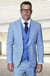 Men's Designer One Button Peak Lapel Italian Wool Suit with Double Breasted Vest in Steel Blue Plaid