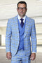 Steel blue plaid suit. One-button peak lapel jacket & double-breasted vest. Tailored Italian wool with light blue/green checks. Detailed lapels and pockets.

