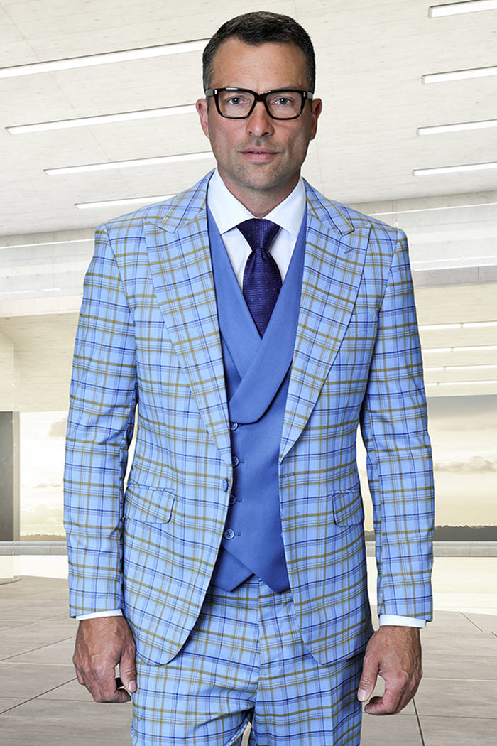 Steel blue plaid suit. One-button peak lapel jacket & double-breasted vest. Tailored Italian wool with light blue/green checks. Detailed lapels and pockets.
