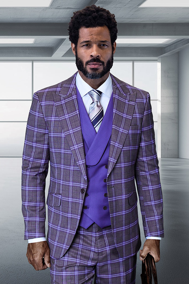 Men's Italian wool suit with purple plaid, peak lapel, and a matching double-breasted vest. Tailored fit with structured shoulders, creating a striking visual.

