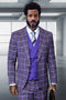 Men's Italian wool suit with purple plaid, peak lapel, and a matching double-breasted vest. Tailored fit with structured shoulders, creating a striking visual.
