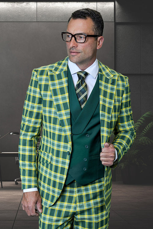Men's hunter green plaid Italian wool suit with peak lapels. Includes a double-breasted dark green vest with light yellow contrasting accents. Designer suit.
