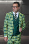 Men's hunter green plaid Italian wool suit with peak lapels. Includes a double-breasted dark green vest with light yellow contrasting accents. Designer suit.

