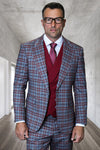Men's Designer One Button Peak Lapel Italian Wool Suit with Double Breasted Vest in Grey Plaid