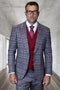 Men's designer suit: grey plaid jacket (peak lapel, Italian wool) & matching double-breasted vest. Plaid: blue/burgundy. Tailored fit, structured shoulders.

