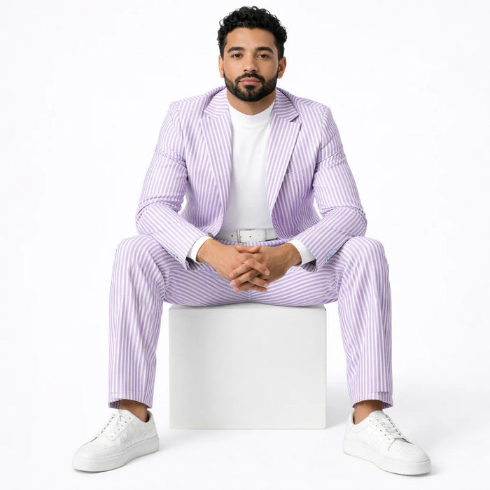 Inserch Mens Premium Cotton Seersucker Stripe Suit – Purple