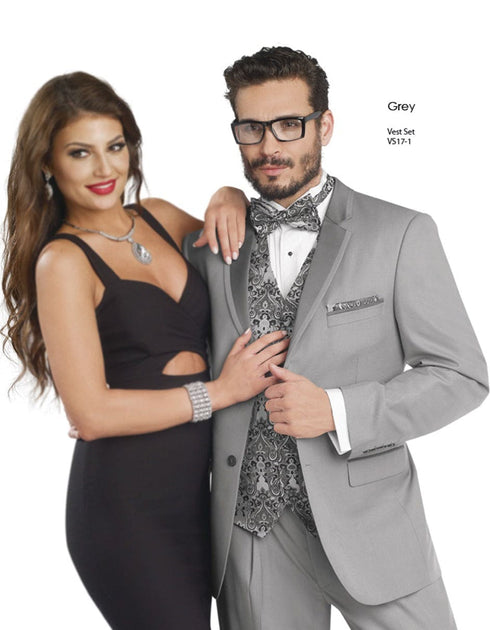 Grey Prom Suit - Gray Wedding Suit - Gray Tuxedo Grey Trim Notch Tuxedo