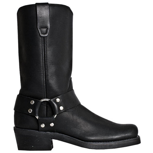 Knee-high black leather motorcycle boots. Rounded toe, smooth leather upper, and slightly raised sole. Ankle strap with metal studs and ring. Streamlined, fitted silhouette. Vertical back seam.
