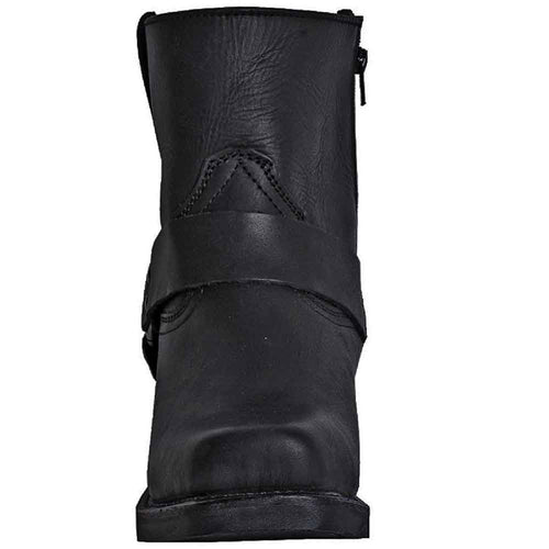 Dingo men's black leather harness boots. Rugged, high-cut design with smooth finish and side zipper. Broad toe, strap detail.
