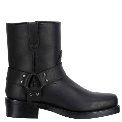 Dingo black leather men's boots. Mid-calf height with a rounded toe. Smooth leather construction. Ankle strap with metal accents. Flat sole with a slight heel.
