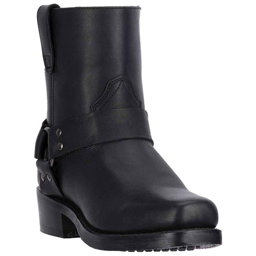 Black Dingo mid-calf leather boots with rounded toe, stacked heel, and adjustable ankle strap with metal buttons. Smooth leather exterior, ridged sole for traction.

