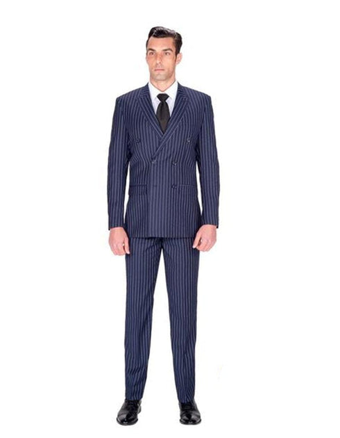 Mens Cheap Blue Suit Double Breasted Navy Stripe Suit