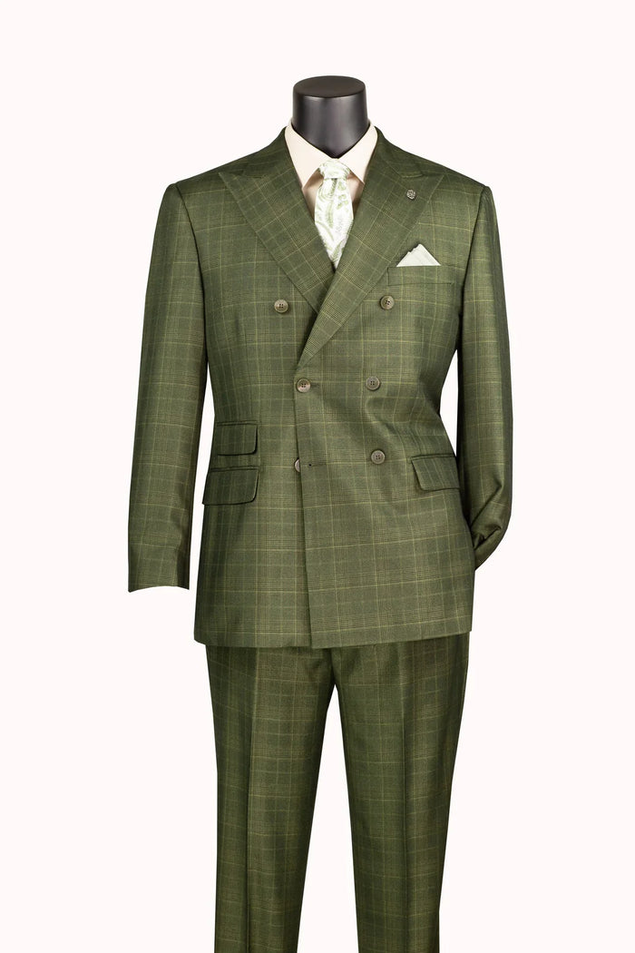 Men's Olive Glen Plaid Double Breasted Two Piece Suit