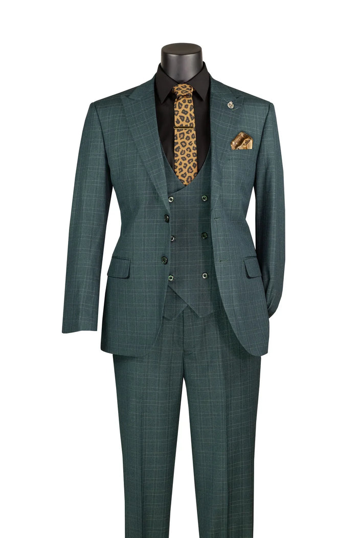 Men's Forest Green Windowpane Three Piece Suit