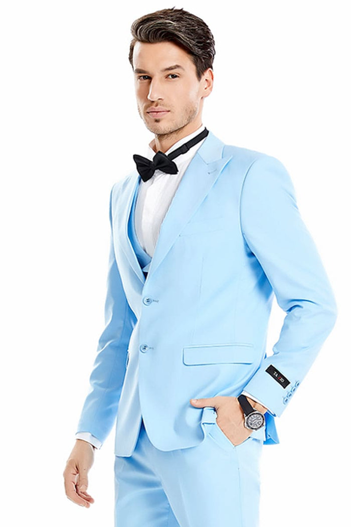 "Sky Blue Men's Wedding & Prom 2026 Suit - Two Button Vested Peak Lapel"