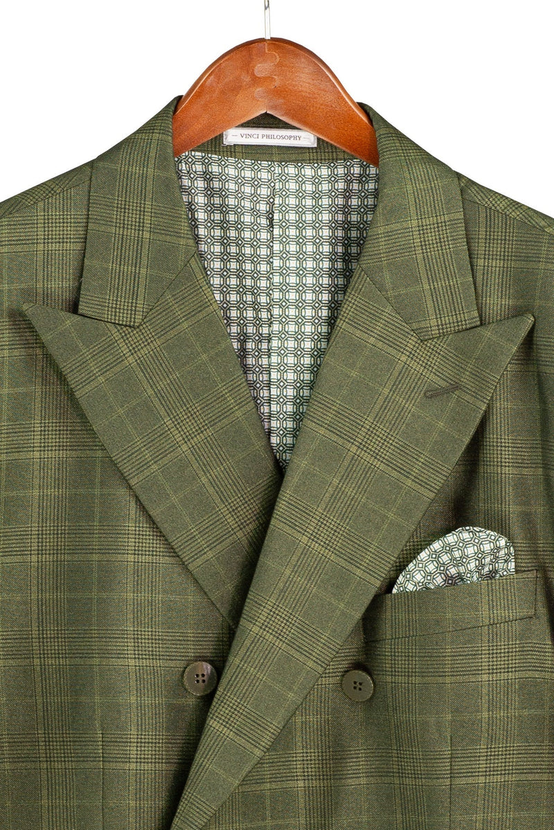 Men's Olive Glen Plaid Double Breasted Two Piece Suit