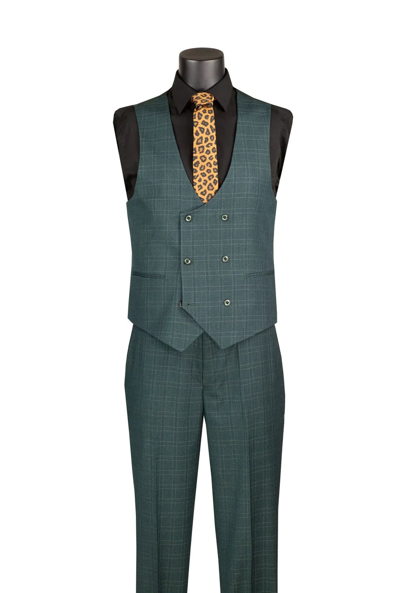 Men's Forest Green Windowpane Three Piece Suit
