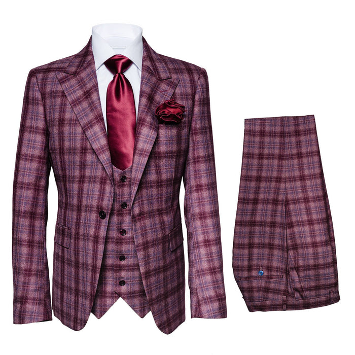 Mens Plaid Windowpane Business Suit - Burgundy