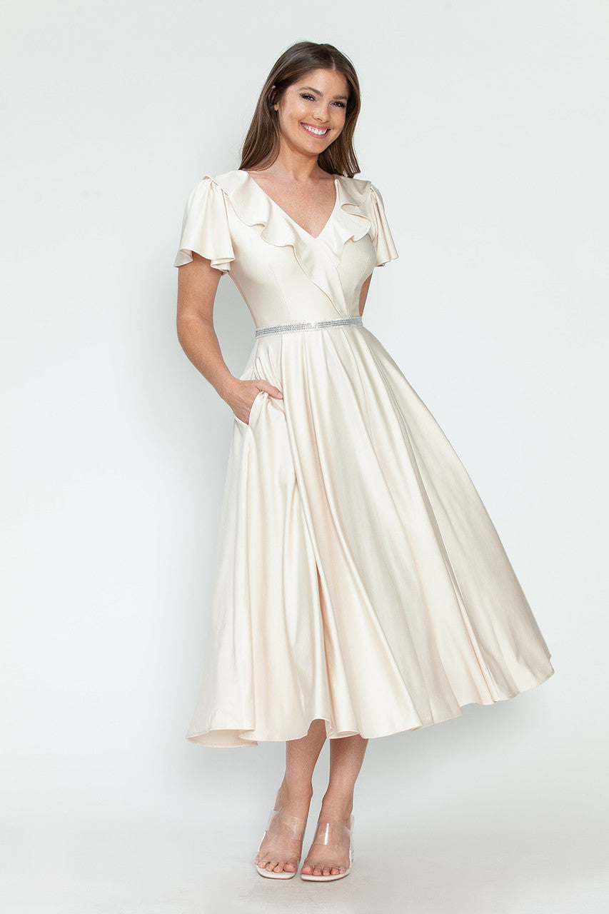 Lenovia 5295 Ruffled Satin Short Sleeve A-Line Tea Length Dress