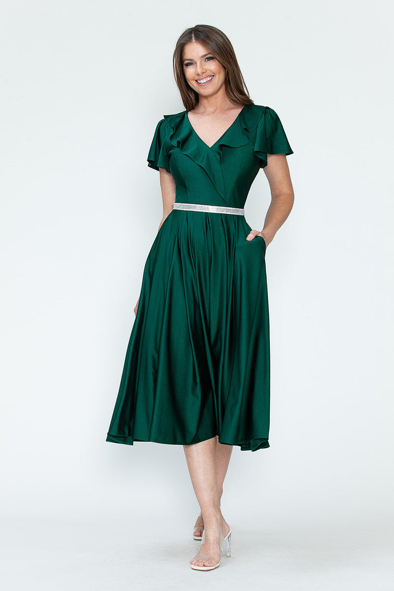 Lenovia 5295 Ruffled Satin Short Sleeve A-Line Tea Length Dress