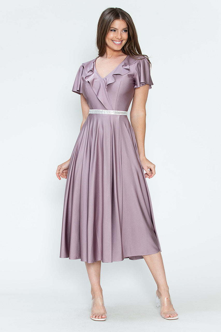 Lenovia 5295 Ruffled Satin Short Sleeve A-Line Tea Length Dress